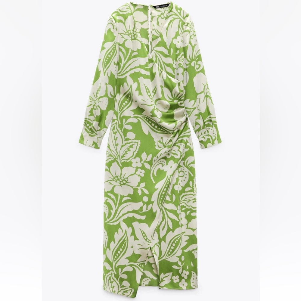Zara Midi Floral Leaf Printed Dress Lime Ivory Size XL - Picture 5 of 7